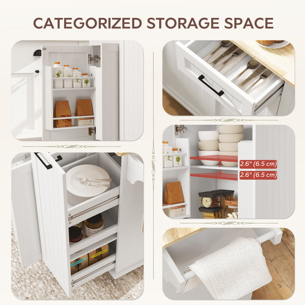 White mobile kitchen island with fold-down countertop, electrical outlets and storage