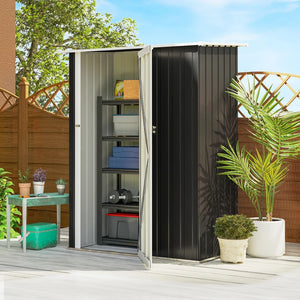 Metal garden shed with sloping roof and lockable door for tools, grey