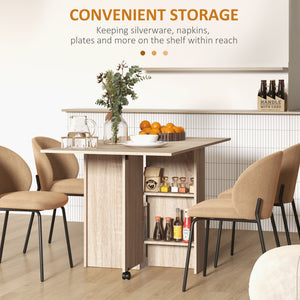 Folding Foldable Table with 2-Tier Shelves and Wheels, Natural Wood