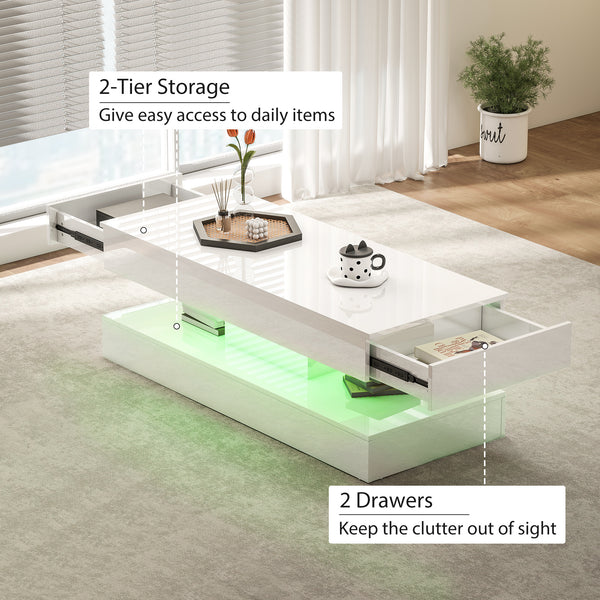 Coffee table with adjustable LED lighting and 2 drawers, glossy white