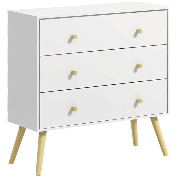 White chest of drawers with 3 drawers, modern chest of drawers with solid wood legs and handles, white