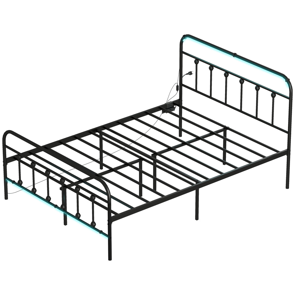 Double Bed Frame with LED Lighting and Charging Station with Underbed Storage, Black