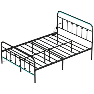 Double Bed Frame with LED Lighting and Charging Station with Underbed Storage, Black