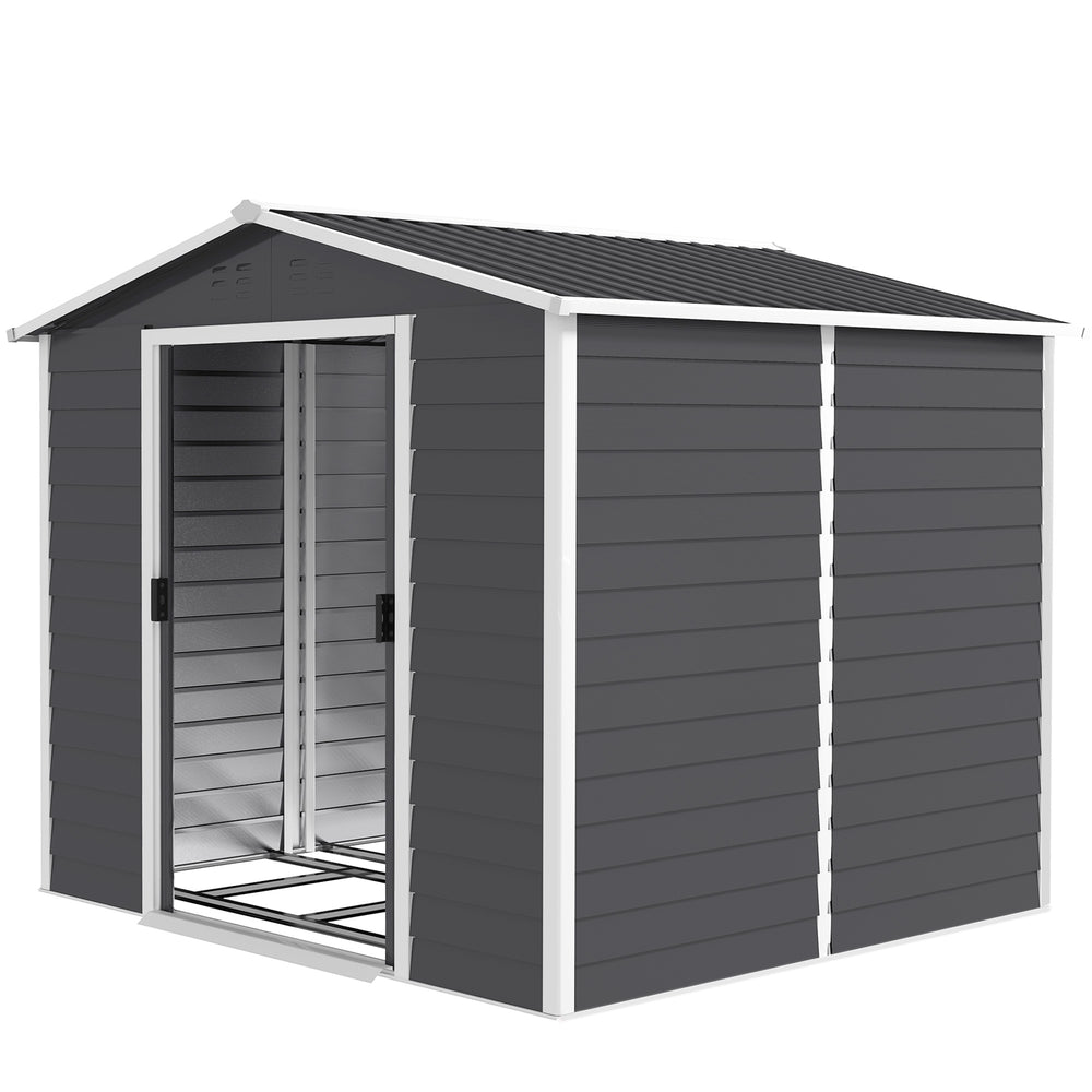 Improved galvanized metal garden shed with lockable doors, dark grey