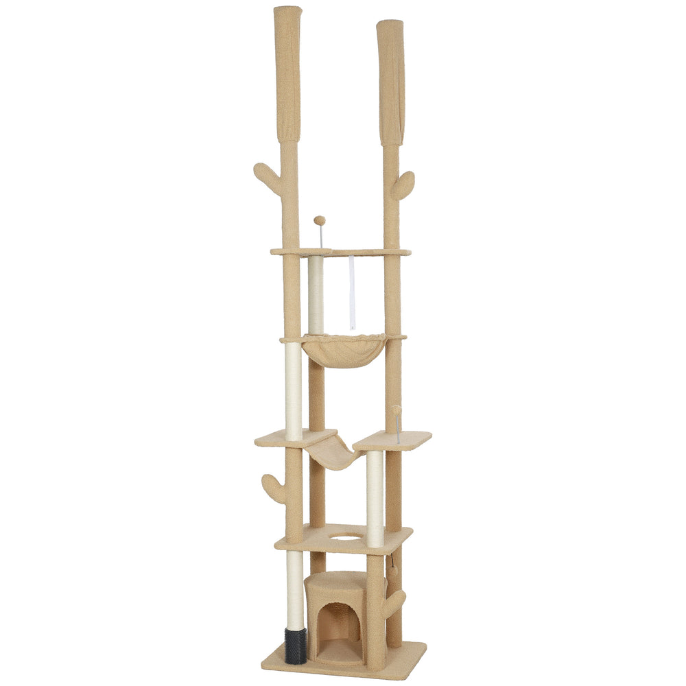 Cat tree 226-254 cm, ceiling height with scratching posts, grooming brush and niche, brown