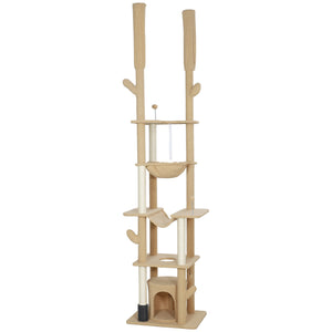 Cat tree 226-254 cm, ceiling height with scratching posts, grooming brush and niche, brown