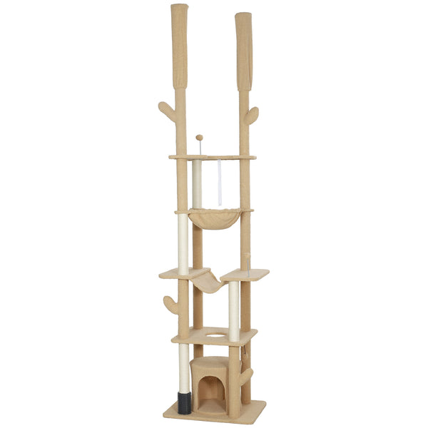 Cat tree 226-254 cm, ceiling height with scratching posts, grooming brush and niche, brown