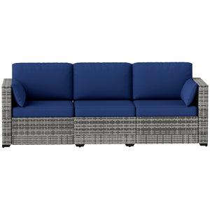 3 Seater Outdoor Sofa with Cushions, Synthetic Rattan Garden Sofa with Cushions, Dark Blue