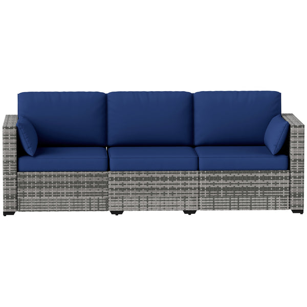 3 Seater Outdoor Sofa with Cushions, Synthetic Rattan Garden Sofa with Cushions, Dark Blue