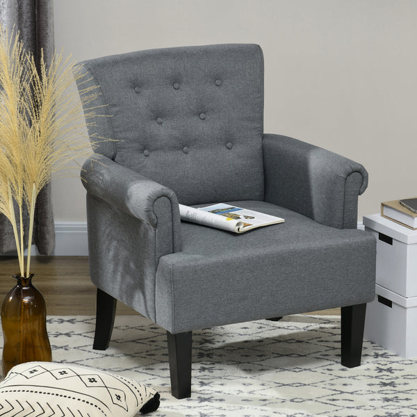 Fabric accent chair with wooden legs and rounded armrests, gray