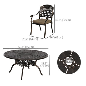 7 Piece Outdoor Dining Set for 6, Aluminum Patio Table and Chairs with Umbrella Hole and Cushions, Bronze