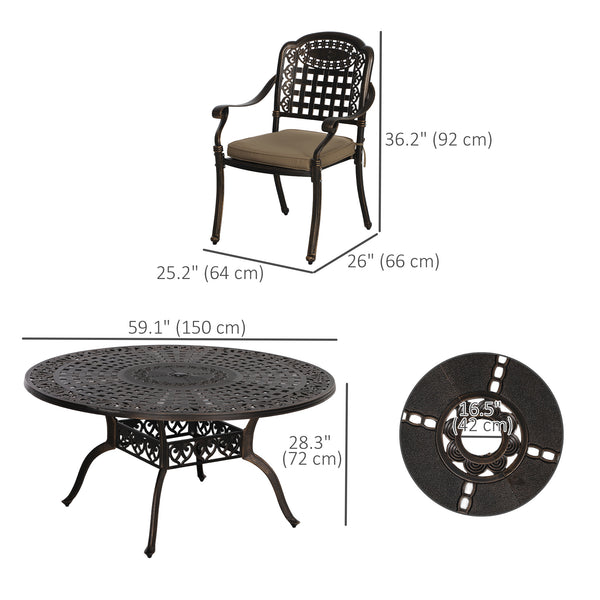 7 Piece Outdoor Dining Set for 6, Aluminum Patio Table and Chairs with Umbrella Hole and Cushions, Bronze