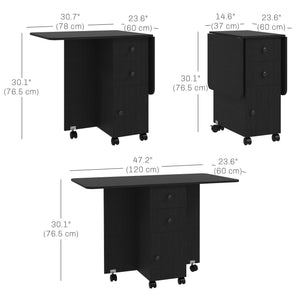 Black dining table on wheels with drawers and cabinet, foldable