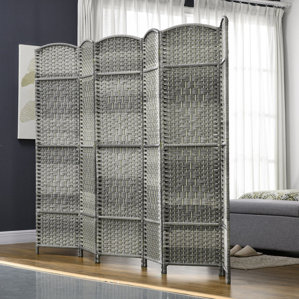 6 Panel Folding Room Divider, Handwoven Partition, Grey Melange