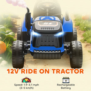 12V blue tractor with trailer, remote control, music, lights, gear lever