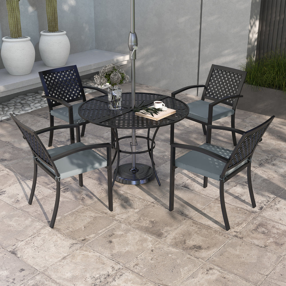 5 Piece Outdoor Dining Set with 4 Padded Stacking Armchairs, Patio Furniture Set with Umbrella Hole, Grey