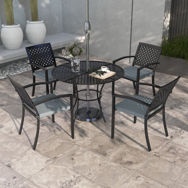 5 Piece Outdoor Dining Set with 4 Padded Stacking Armchairs, Patio Furniture Set with Umbrella Hole, Grey