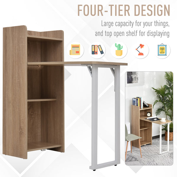 2-in-1 Folding Table with 4-Tier Shelf for Small Spaces, Oak