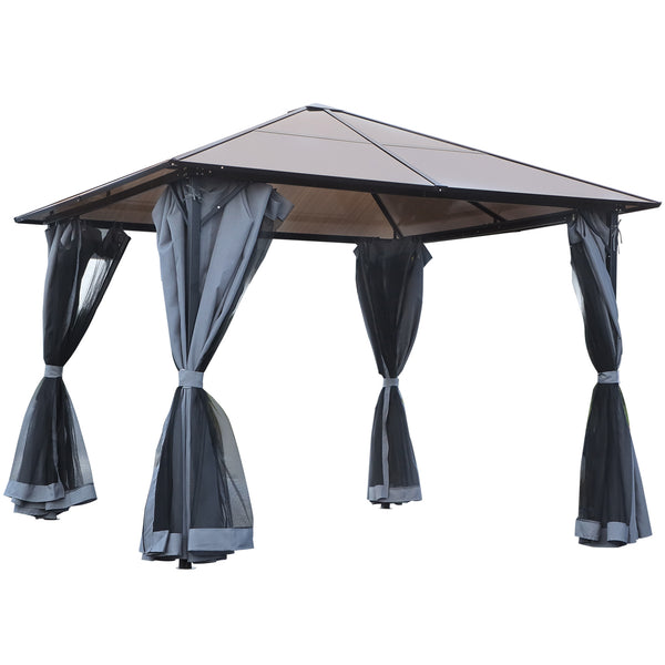 10 x 10 aluminum gazebo with mesh curtains and side panels, grey.