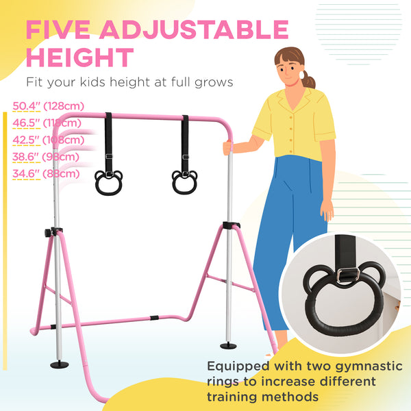 Foldable and height-adjustable gymnastics bar with rings, pink