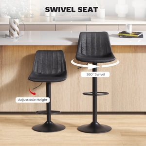 Set of 2 bar stools, adjustable height, swivel seat, faux leather upholstery, black.