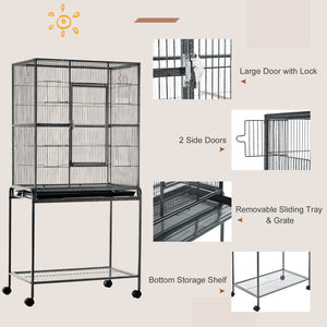 Metal rolling bird cage with removable stand with wheels, black