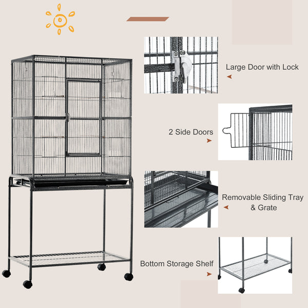 Metal rolling bird cage with removable stand with wheels, black