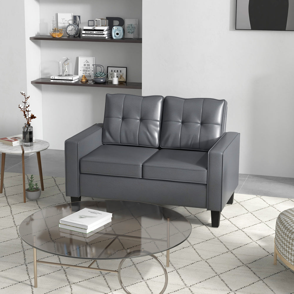 Upholstered faux leather loveseat with armrests, gray