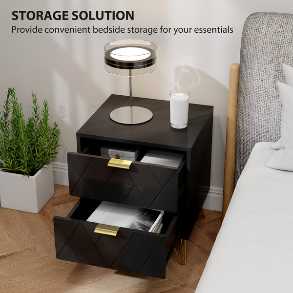 Modern bedside table with 2 drawers for bedroom, black