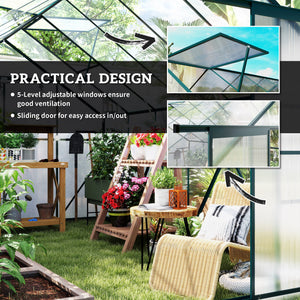 Aluminium and polycarbonate garden greenhouse with adjustable roof ventilation