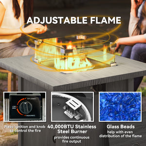 28" 50,000 BTU Gas Fire Pit Table with Cover and Glass Screen, Gray