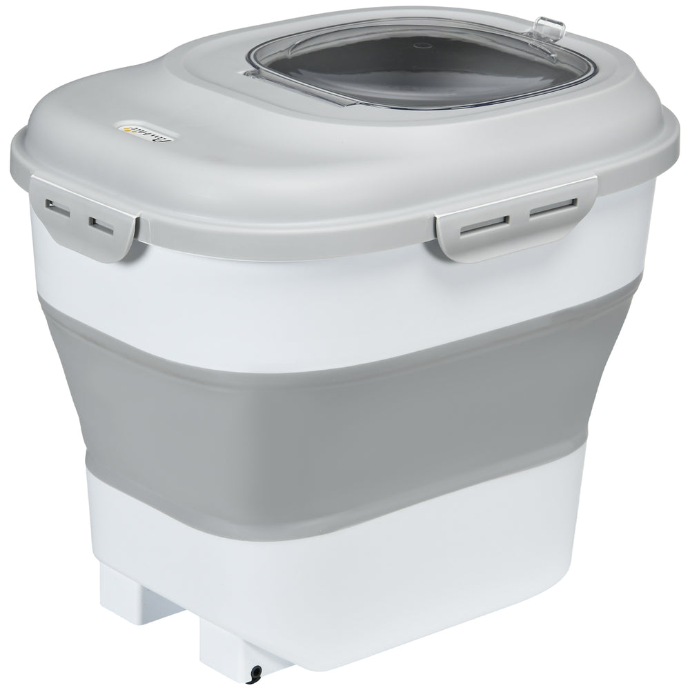 Foldable pet food storage container with airtight lid, grey