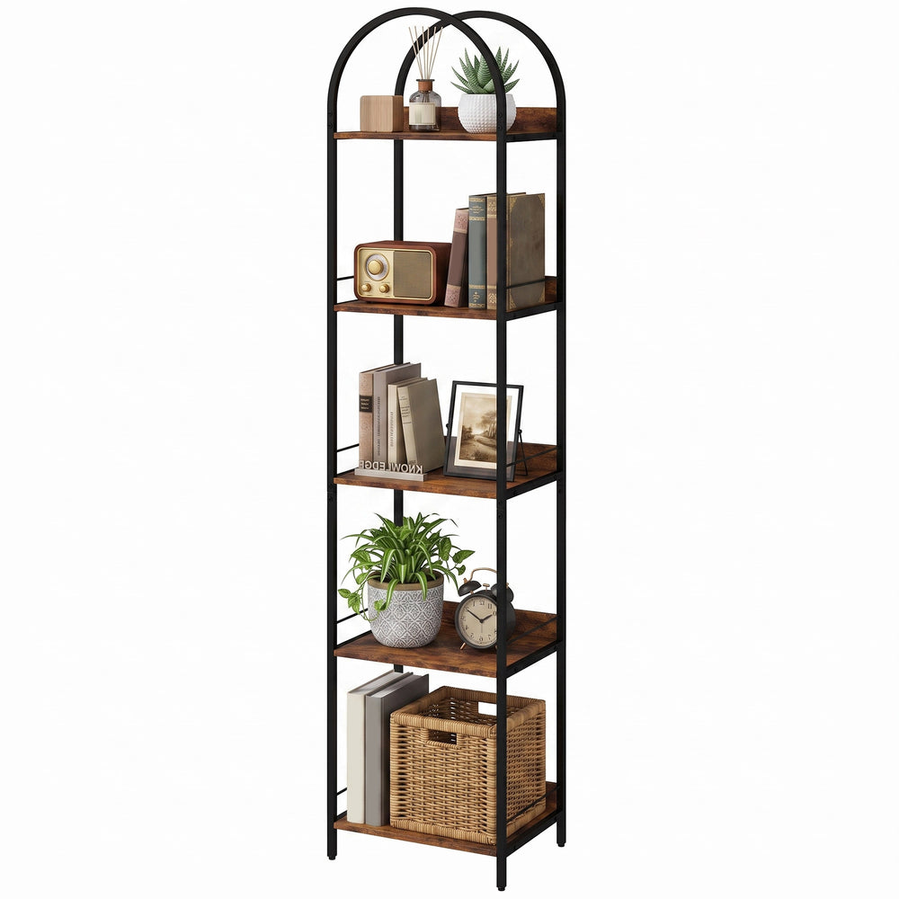Narrow 5-tier arched bookshelf with metal frame – Rustic brown and black