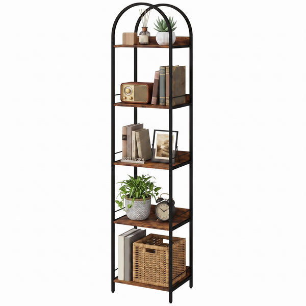 Narrow 5-tier arched bookshelf with metal frame – Rustic brown and black