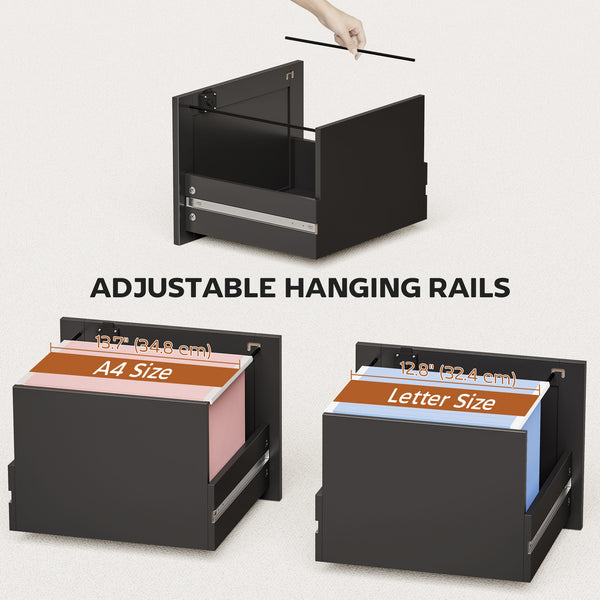 3-drawer vertical filing cabinet with lock, A4 and Letter compatible, black. Adjustable hanging rails.