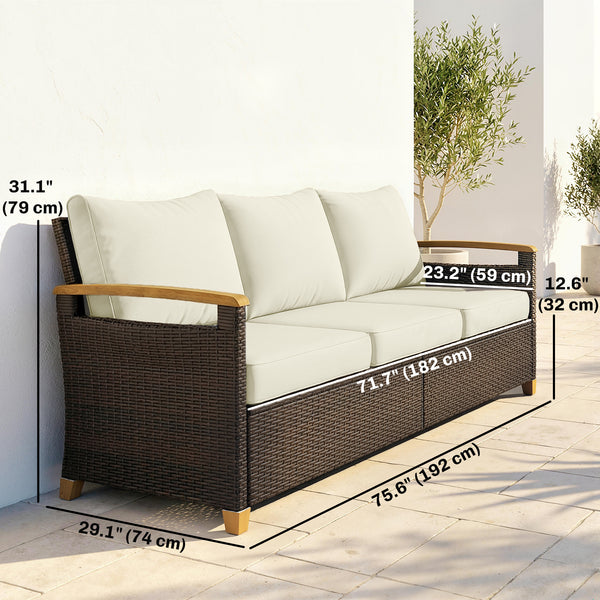 3-seater outdoor sofa in woven resin, wide seat, 10 cm cushions, wood-look armrests, off-white