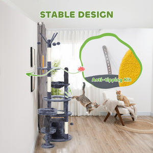 71" Cat Tree with Scratching Posts, Sisal Mat, Condo, Bed, Hammock, Play Balls, Dark Grey