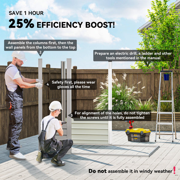 Galvanized metal garden shed with double doors and 2 vents, light grey