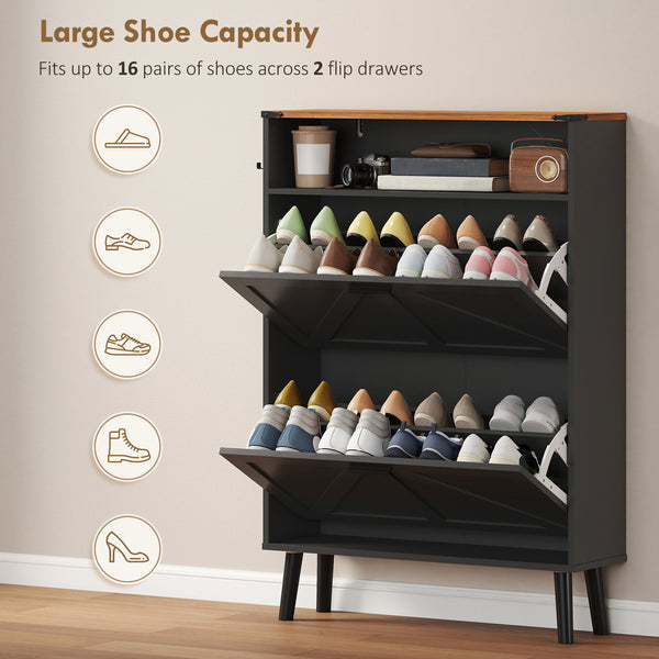 Shoe cabinet with 2 tilt-out drawers, country style, narrow, holds up to 16 pairs, black