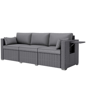 3-seater garden sofa in woven resin with side tables, grey