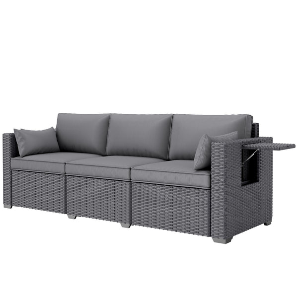 3-seater garden sofa in woven resin with side tables, grey