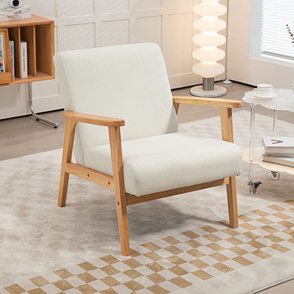 Retro fabric accent chair with wooden armrests, cream white
