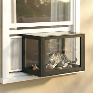 Adjustable outdoor cat enclosure with waterproof roof for window, 61 x 47 x 41 cm, black and white
