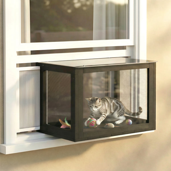 Adjustable outdoor cat enclosure with waterproof roof for window, 61 x 47 x 41 cm, black and white