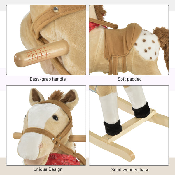 Cowboy Style Plush Rocking Horse with Realistic and Fun Sounds, Beige