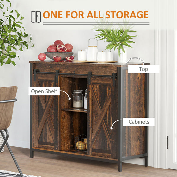 Industrial buffet with sliding barn doors, rustic brown color.