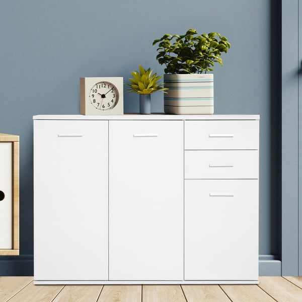 High gloss lacquered buffet, with 2 drawers and 3 doors with adjustable shelf, coffee bar cabinet, white