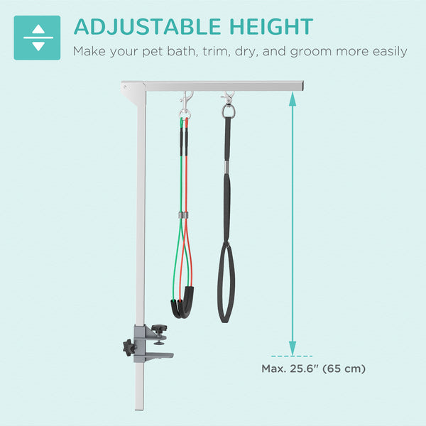 Adjustable grooming arm with clamp, hip supports, and grooming loop
