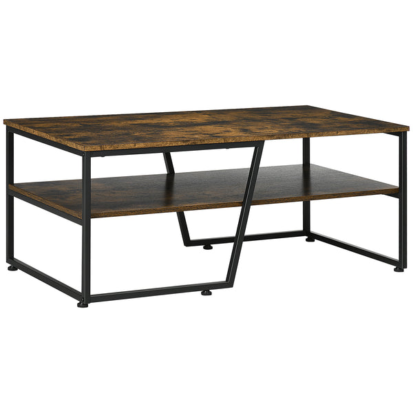 Industrial Two-Tier Coffee Table with Storage Shelf, Rustic Brown