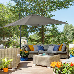8-foot square cantilever parasol with 360° rotation, made of aluminum, light grey